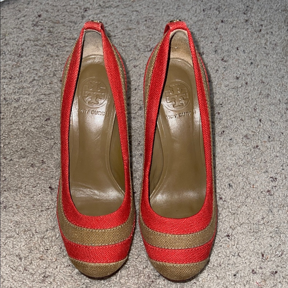 Tory Burch Striped Red and Wooden Heels